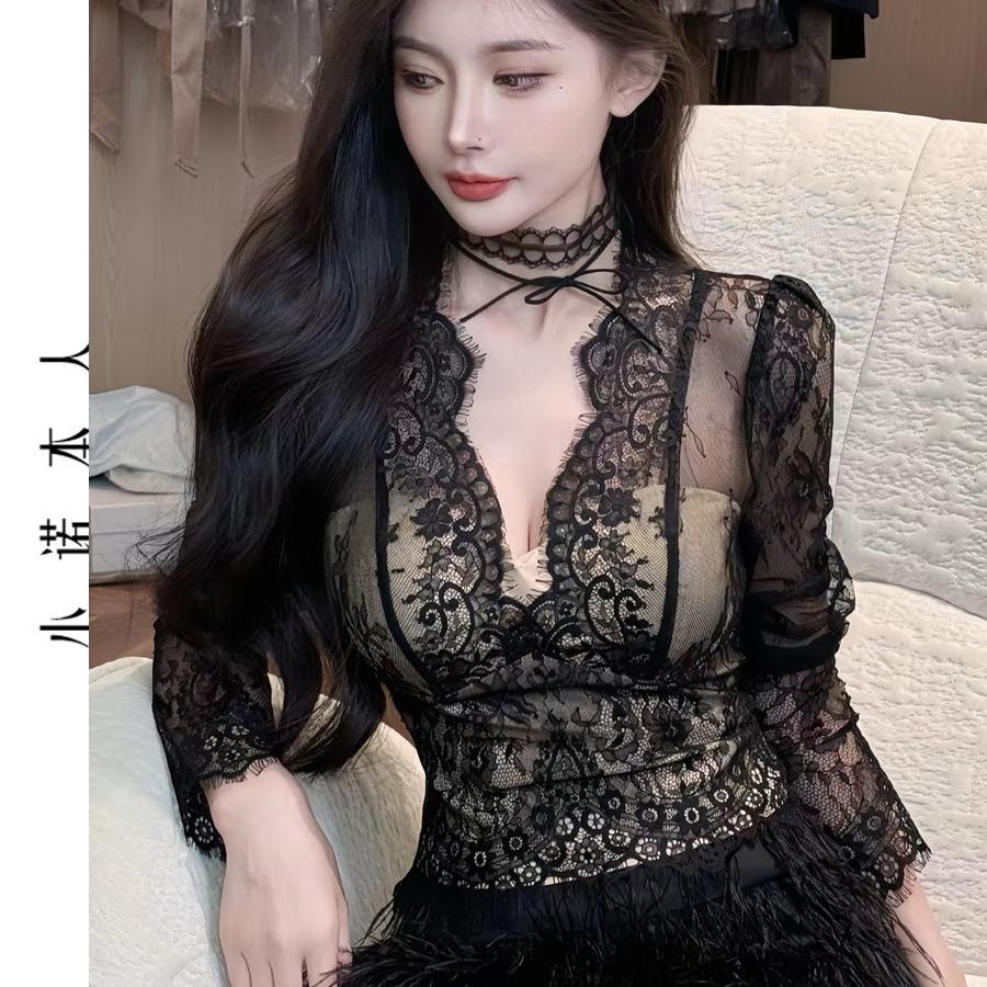小诺本人镂空蕾丝内搭可外穿爆款修身上衣性感显瘦打底衫24624