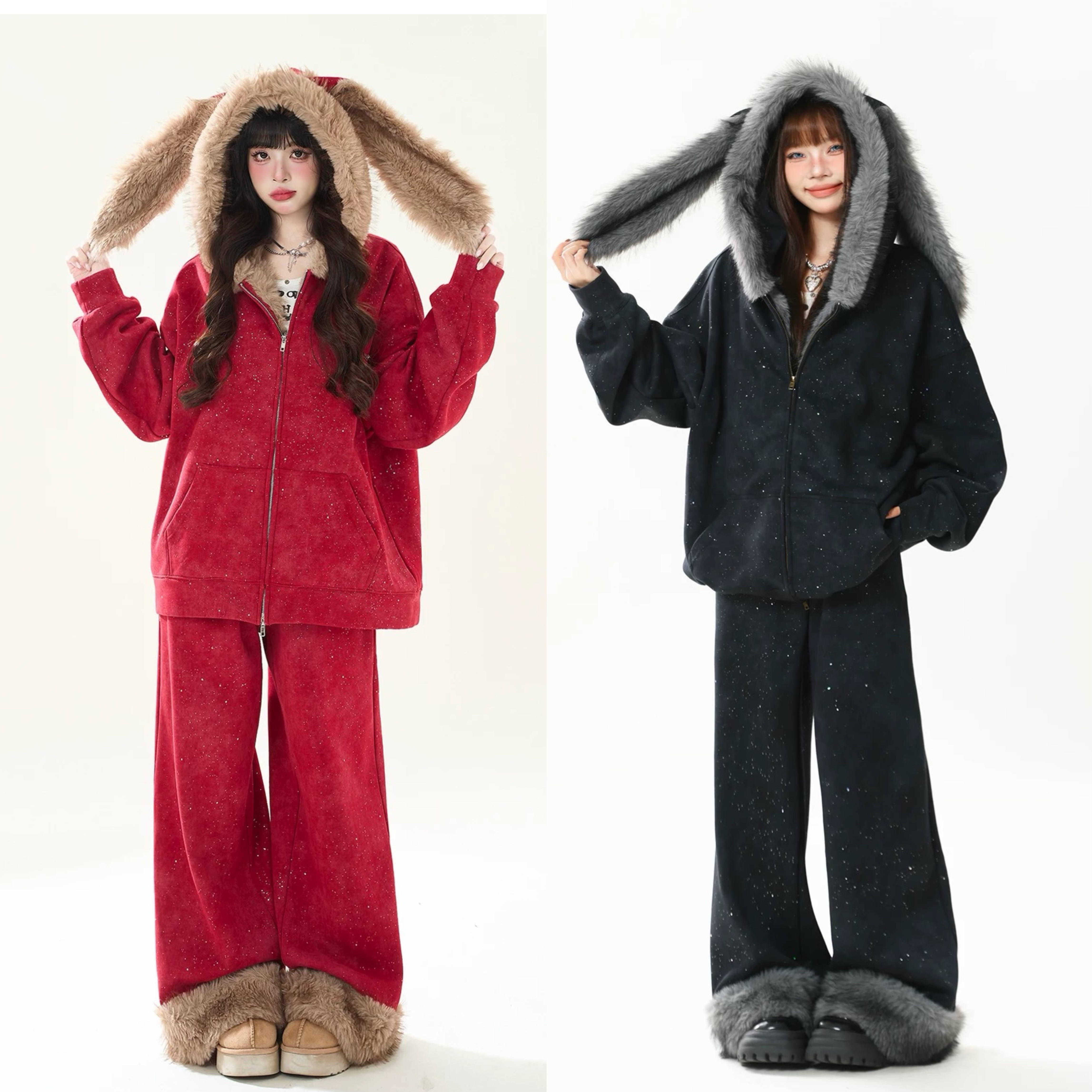 土豆泥泥POTATO【纯棉+运补】满天星毛绒兔耳连帽卫衣加绒宽松上衣