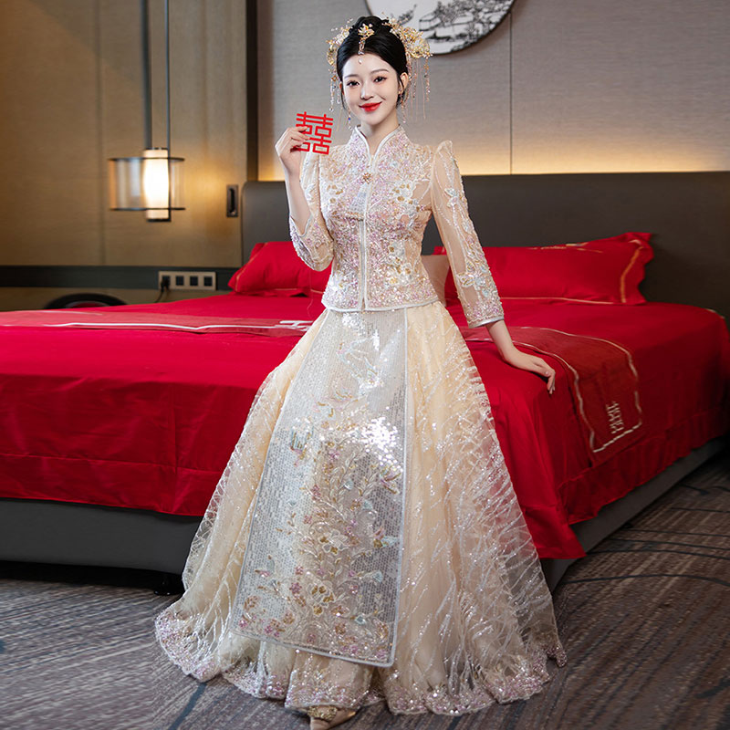 香槟色秀禾服婚服2025新款夏季新娘浅色结婚大码胖MM金色出阁敬酒