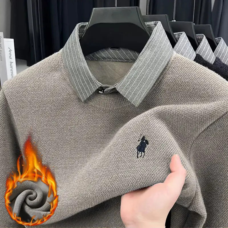 (一体绒)毛衣衬衫领假两件长袖打底衫男士加绒加厚保暖中年爸爸装