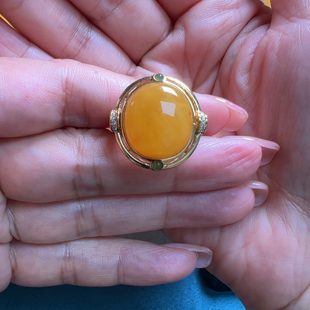 蜜蜡戒指银S925镀金镶嵌臻*粒