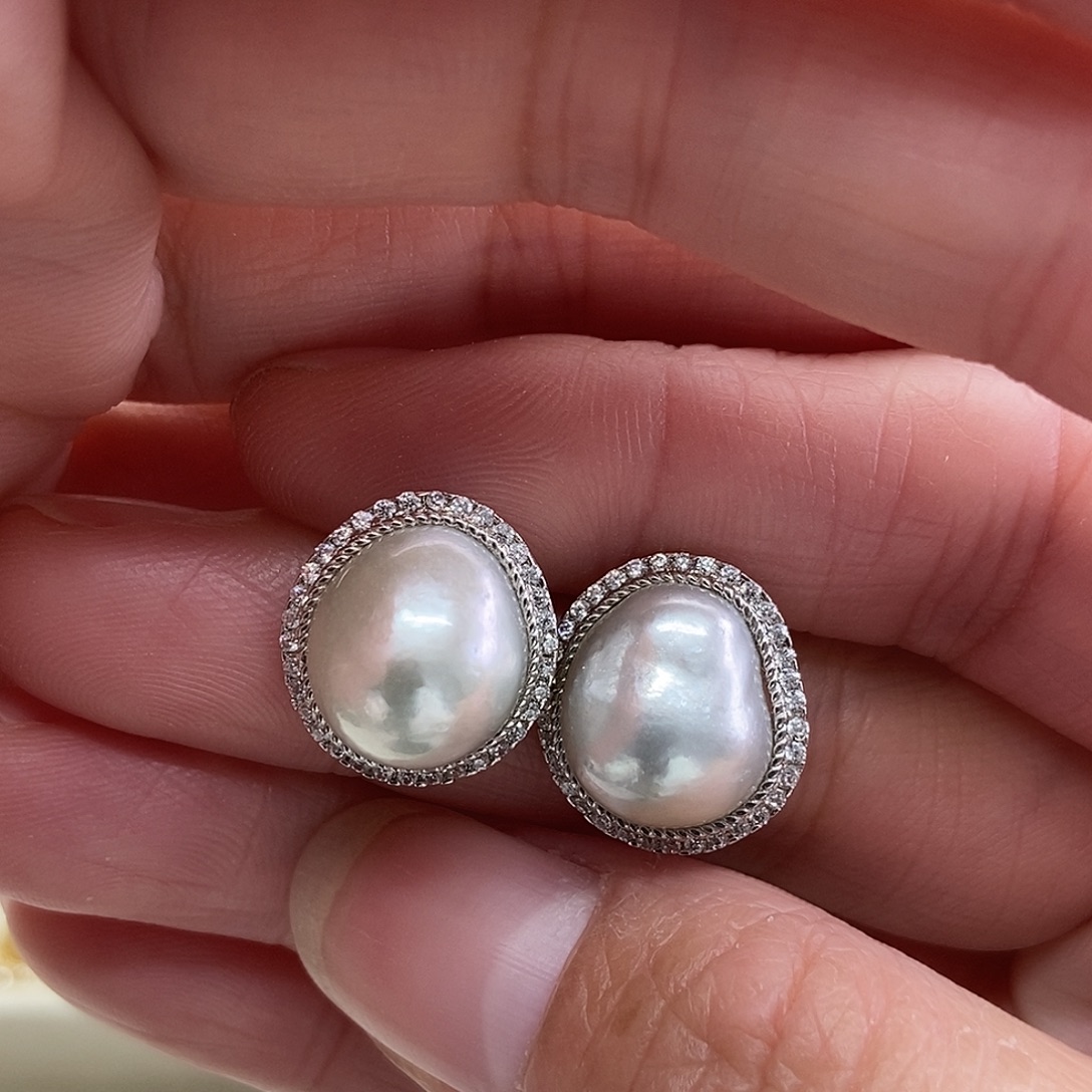 海水珍珠耳饰银S925镶嵌