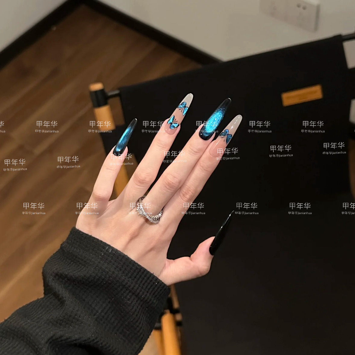 纯手工穿戴甲长椭圆裸色中长款黑色白色法式美甲新款爆闪冰透蓝色