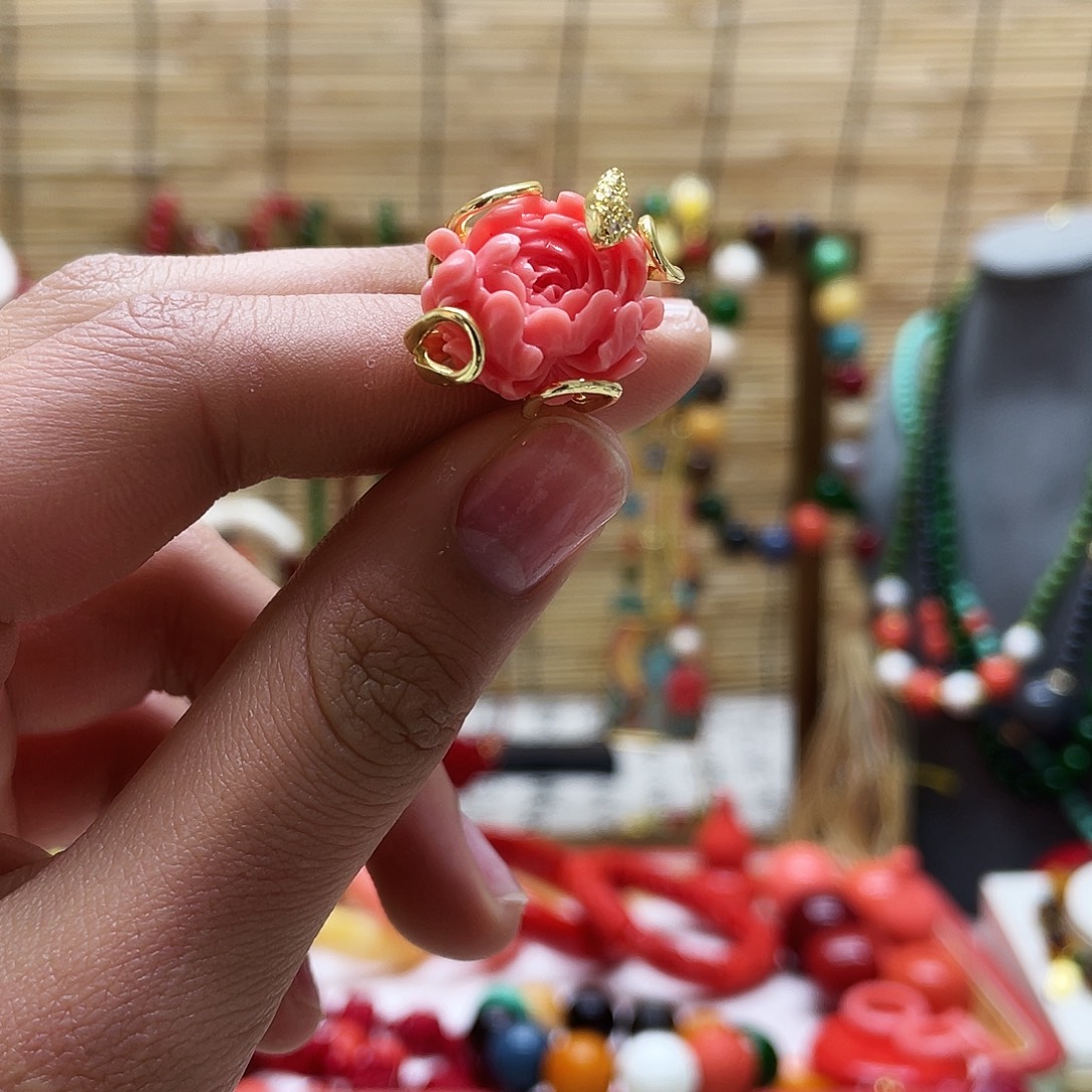 大理石磁石凤凰牡丹花戒指