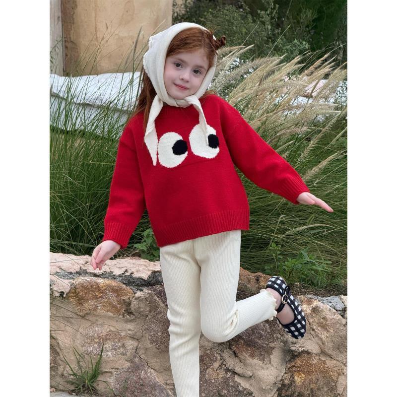韩系童装2025冬季新款女童毛衣大眼萌趣可爱圆领套头针织衫