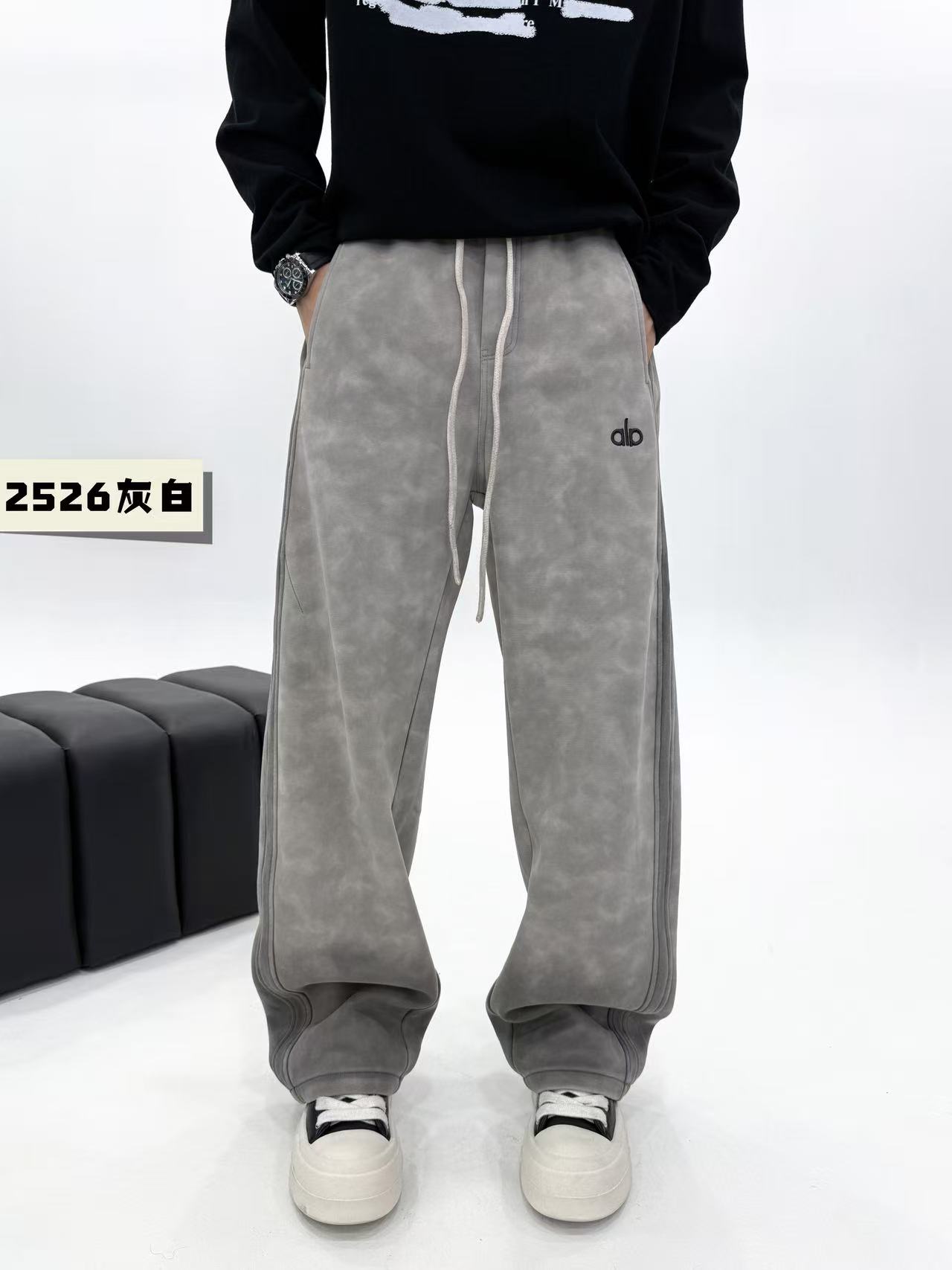 水洗长裤休闲裤刺绣拼接工艺秋冬宽松阔腿裤阔腿时尚灰白裤子2526