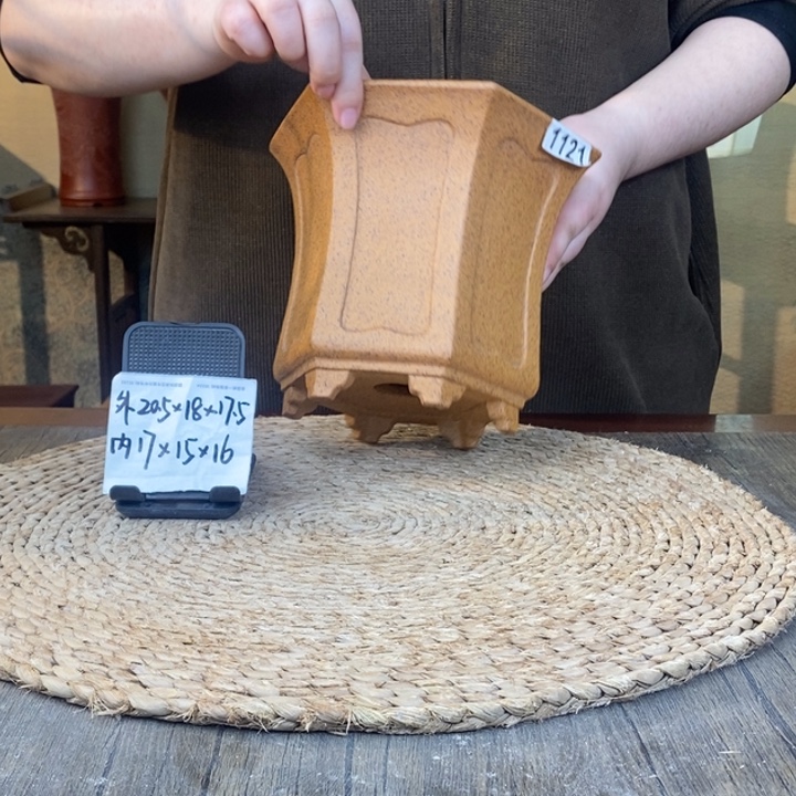 花盆紫砂  柴烧内奎束腰六方1121