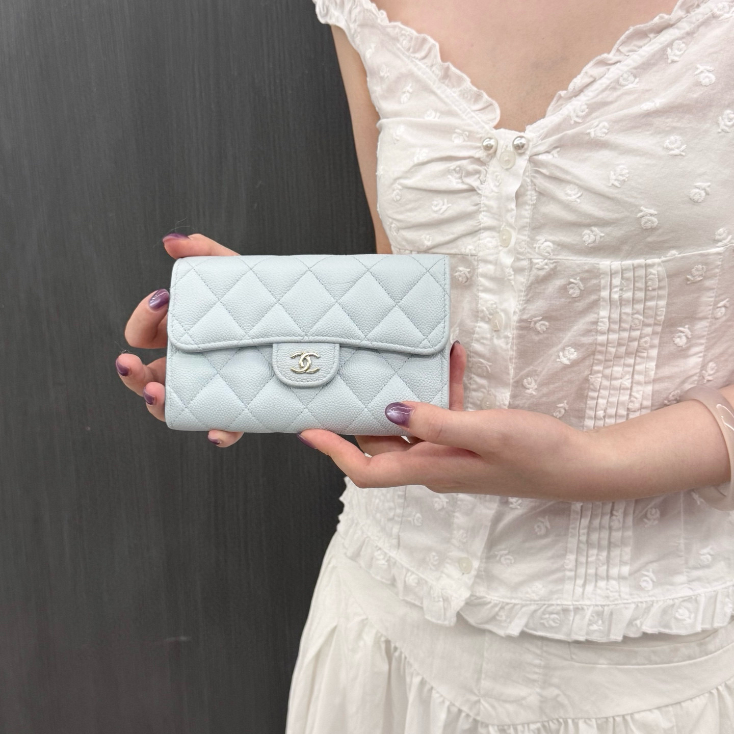 95新 Chanel/香奈儿 chanel 奶蓝色荔枝牛cf钱包