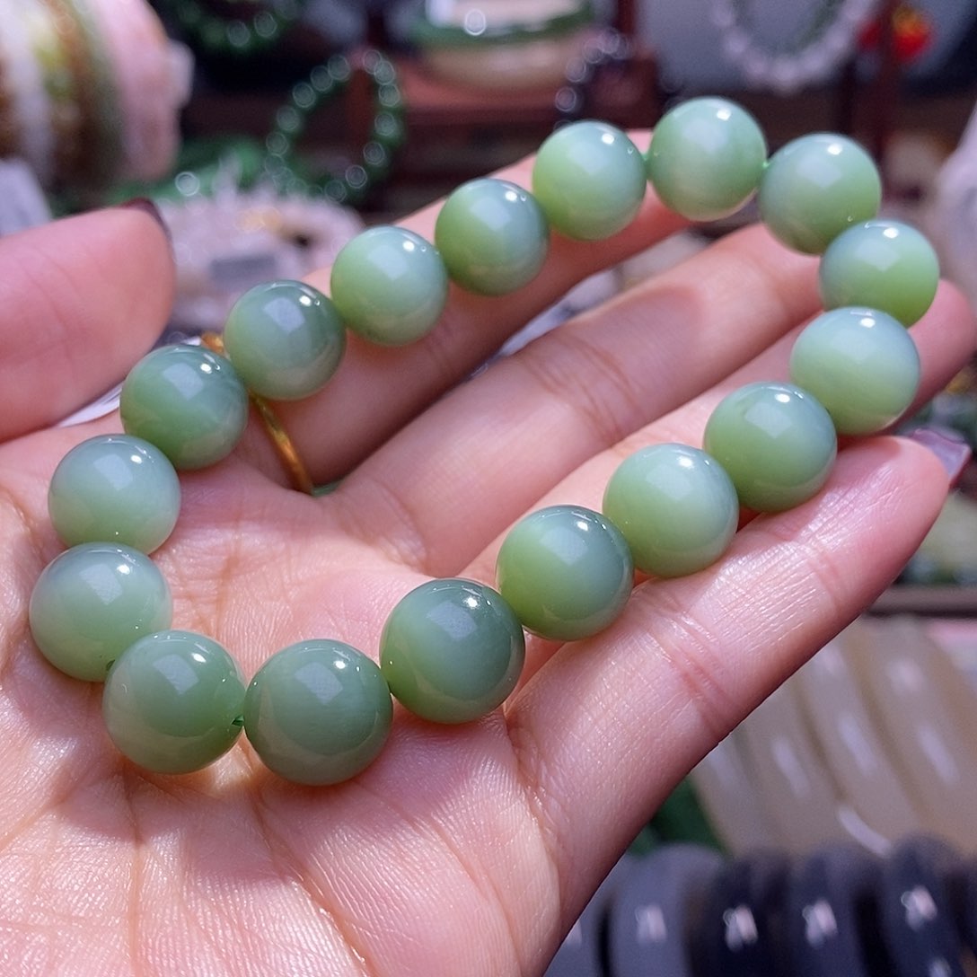 和田玉毕业级老矿料碧玉粉青猫眼手链11.5未镶嵌