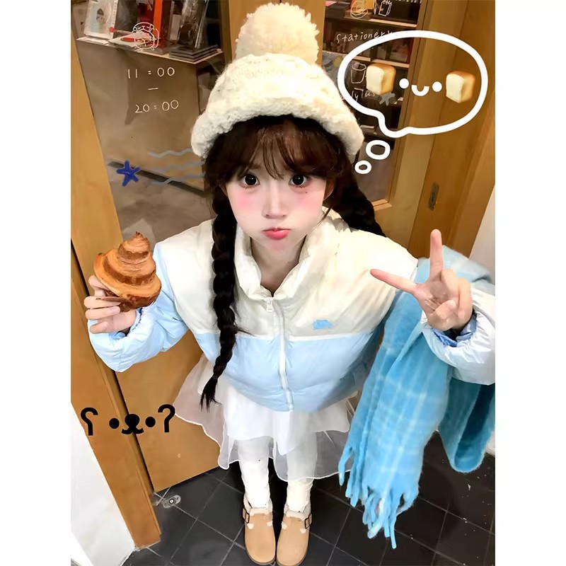 温柔甜美学院风撞色立领面包服女冬季新款设计感减龄休闲棉袄上衣