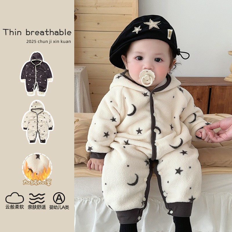 ins秋冬婴儿加绒连帽连体衣新生儿男女宝宝加厚保暖爬服冬装外出