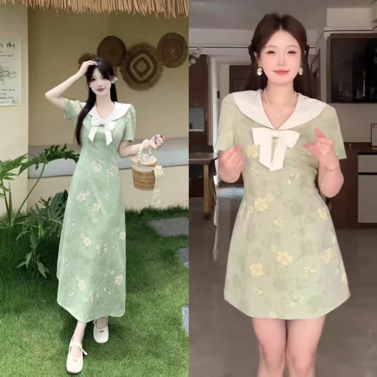 （唯依80-200斤）法式绿色连衣裙新款夏季碎花裙胖MM显瘦收腰裙1883
