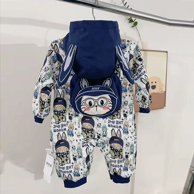 婴儿连体衣双层加绒保暖冲锋衣新生儿哈衣潮流宝宝衣服秋冬装