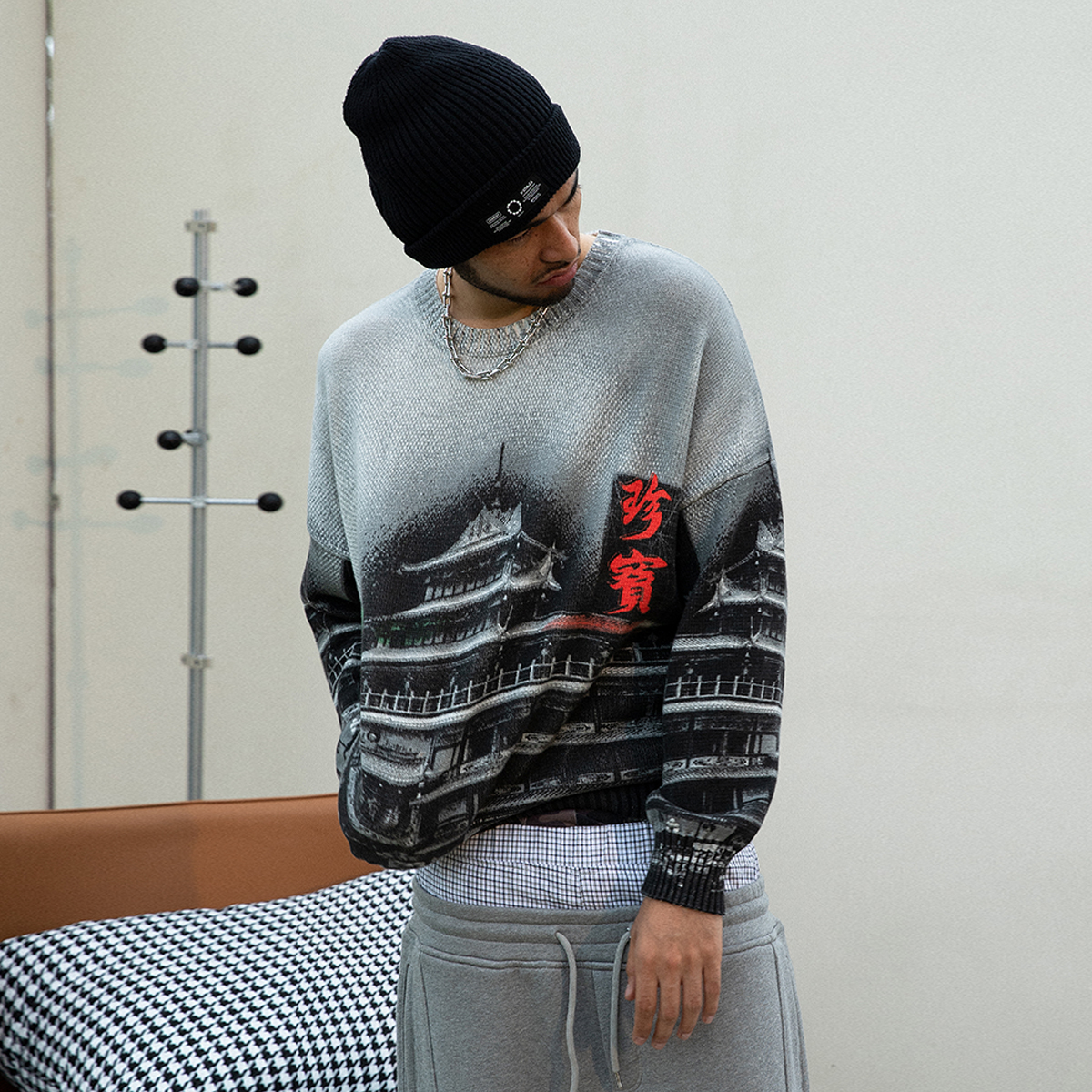 OD/ORANGEDRAGON 25秋珍宝船满印复古圆领针织休闲宽松毛衣可机洗