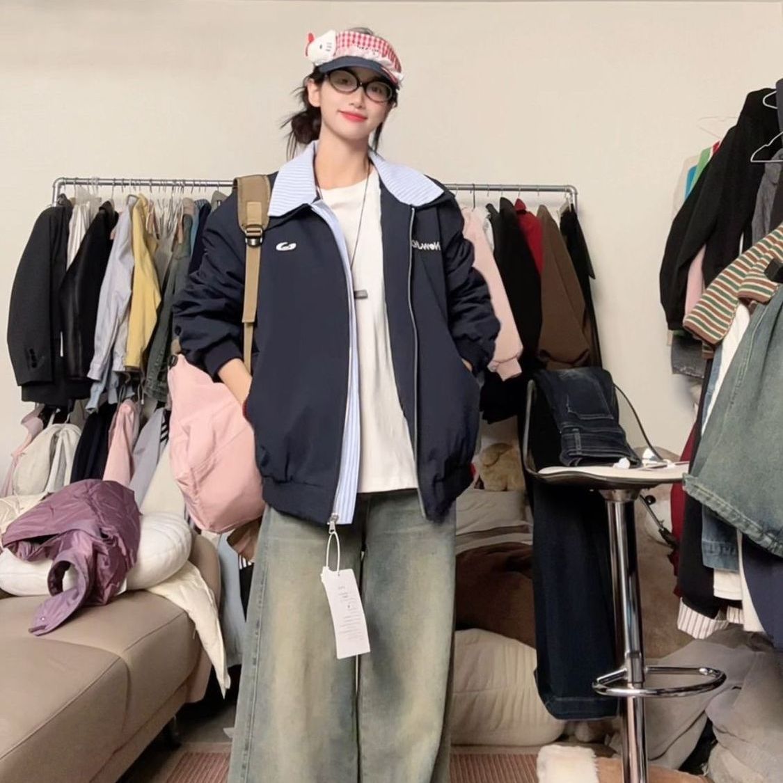 秋冬菱格二棉保暖美式拼接加棉外套复古绣花假两件翻领保暖夹克女