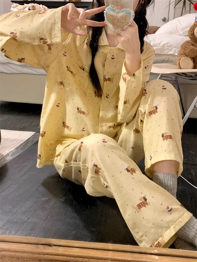 奶黄卡通小狗春秋季新款2025睡衣女网红风简约甜美韩版家居服套装