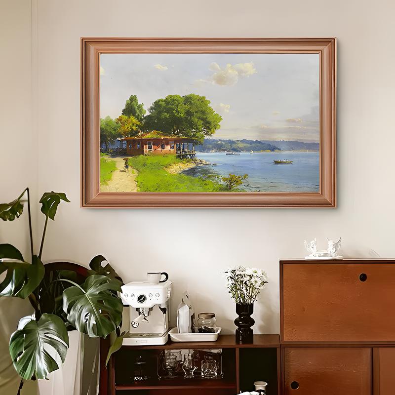 【施塔恩贝格湖 】油画中古风法式美式客厅玄关装饰画风景实木框