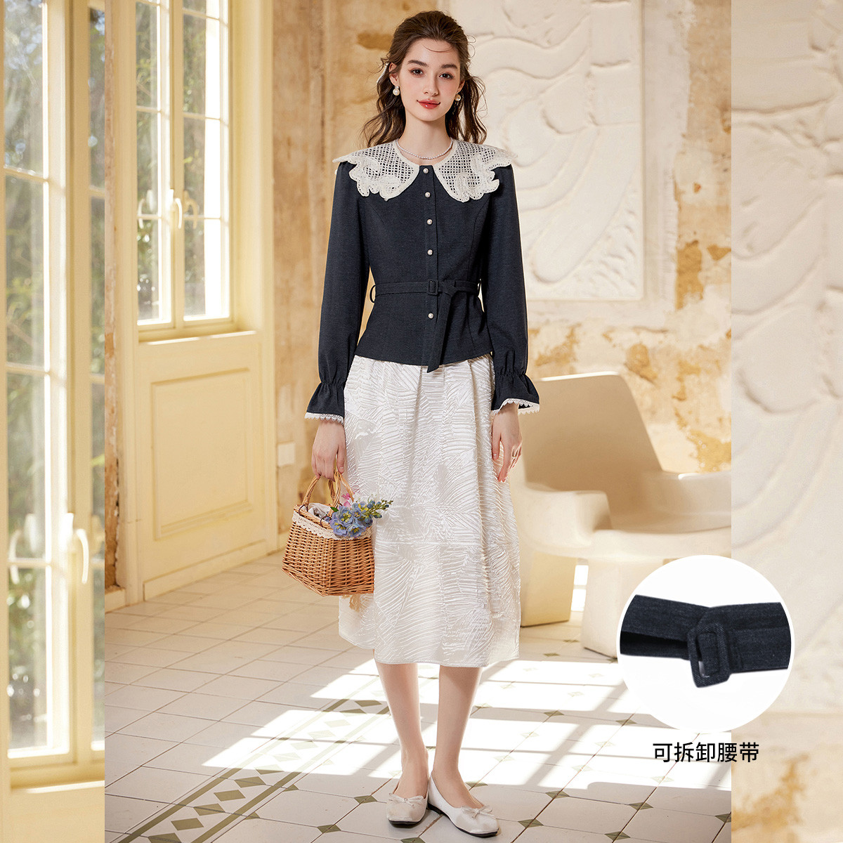 白鹿语【商场同款新品】欧若新中式25春腰带长袖衬衫女WBY20087
