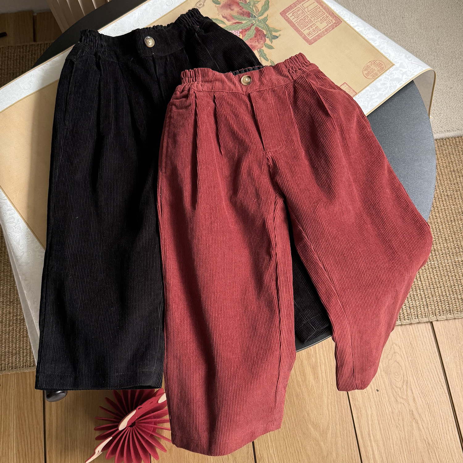 秋冬加绒加厚日系灯芯绒阔腿裤男女童宽松显瘦百搭休闲长裤