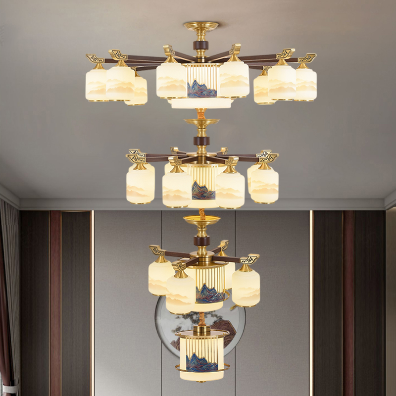 新中式吊灯全铜玻璃客厅灯挑空大气朝下款中式别墅餐厅灯具