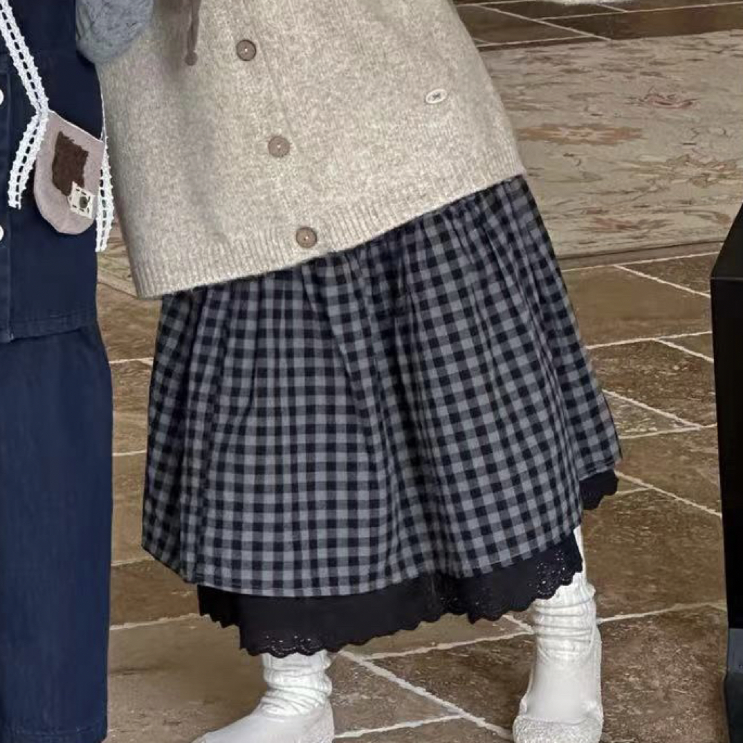 草房子 25秋 25271女童蕾丝拼接双层格子半裙