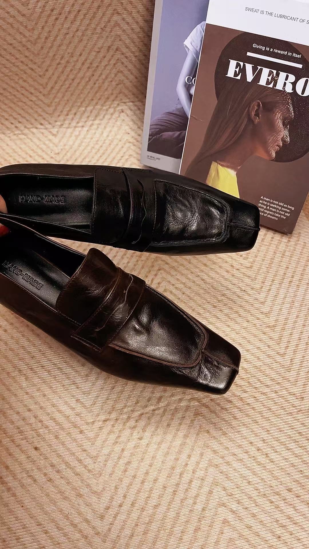 2CM/春季真皮英伦风粗跟时尚轻奢方头乐福鞋软底百搭素雅