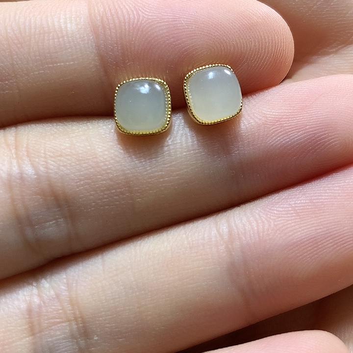 银S925镀金镶嵌和田玉（青白玉）耳饰