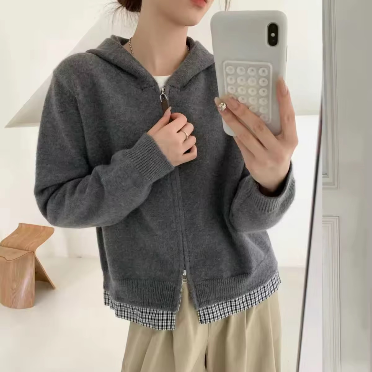 玲姐定制-连帽双拉链拼接假两件慵懒宽松显瘦百搭针织开衫473835