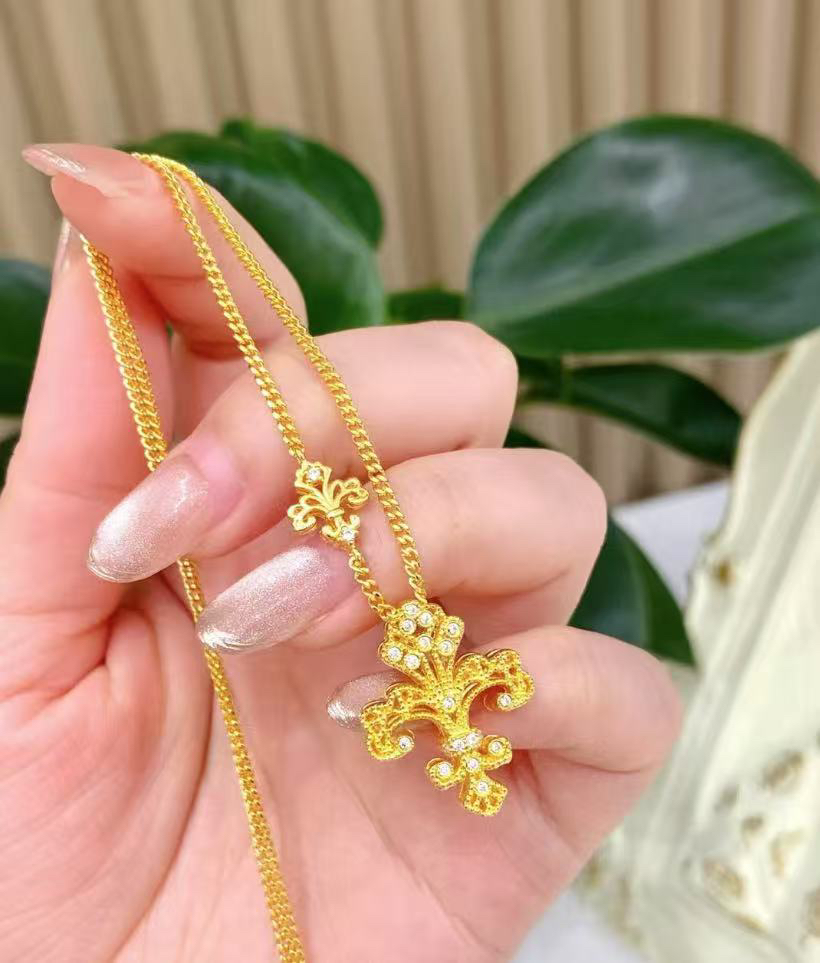 坠链均足银 坠链均足银鸢尾花项链金色吊坠8007