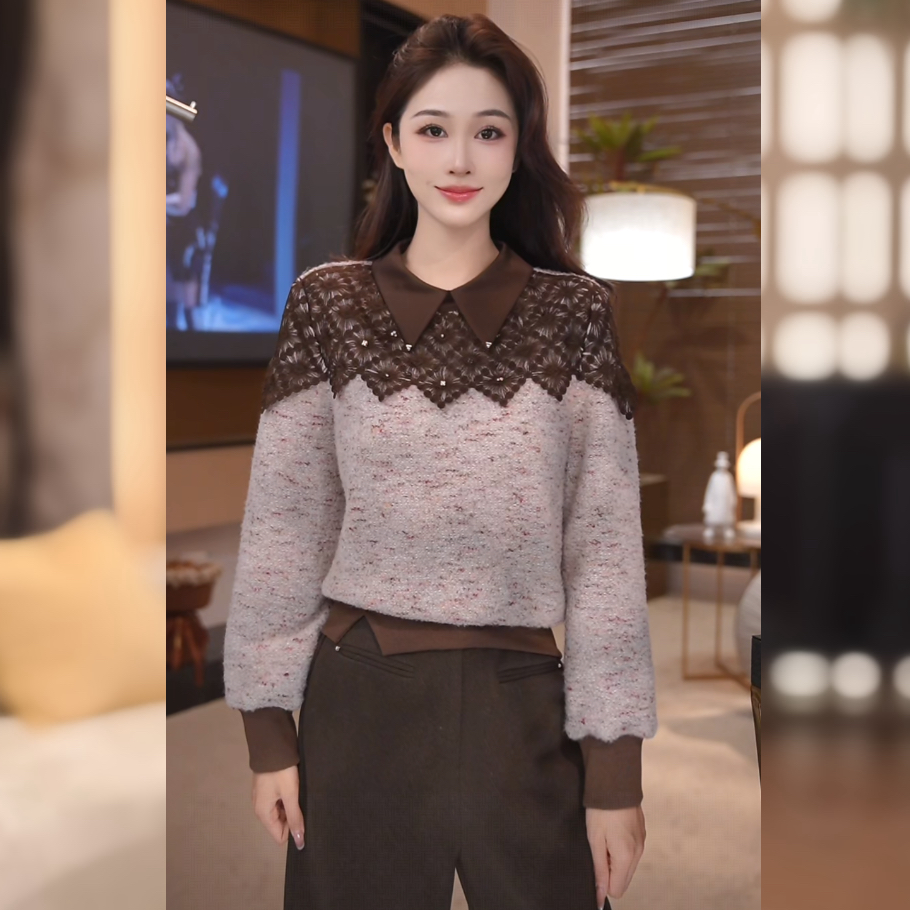 【林雪雪】​​暖叙秋冬新款气质百搭遮肉显瘦杏咖色针织衫2512360