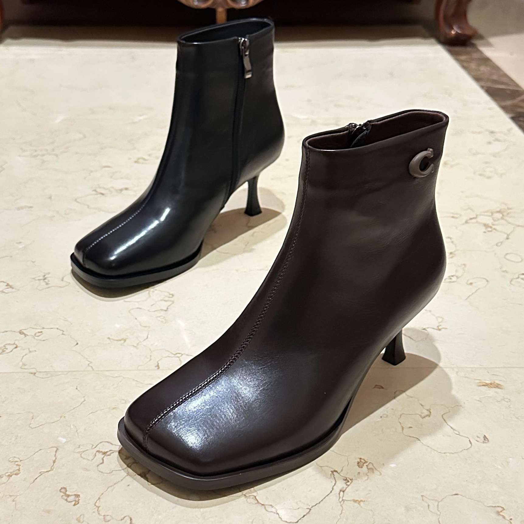 【映昔女鞋】秋冬时装气质短靴巨软胎牛皮方头轻奢大牌极简风细跟