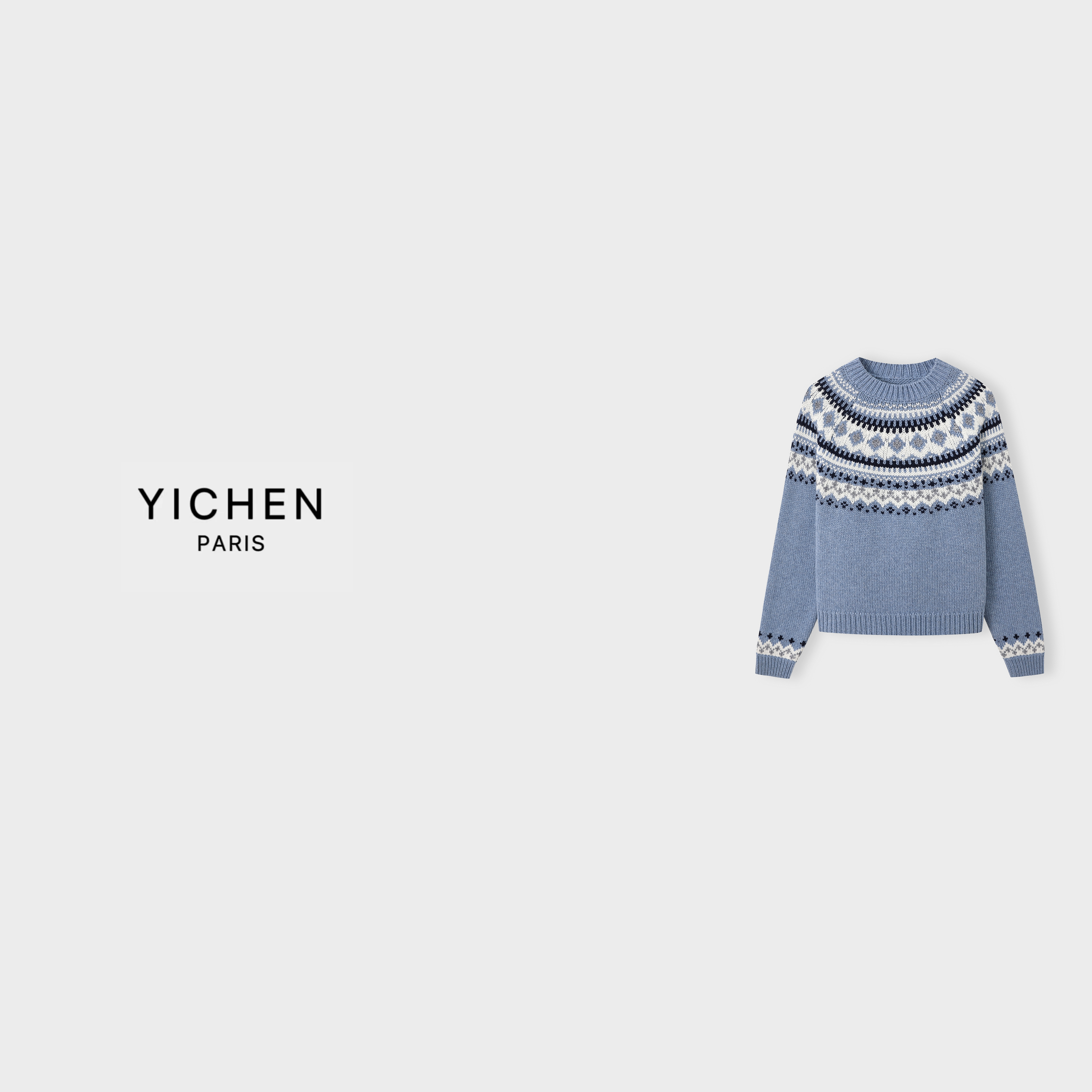YC 雾蓝色双面费尔岛提花羊毛休闲毛衣-6570