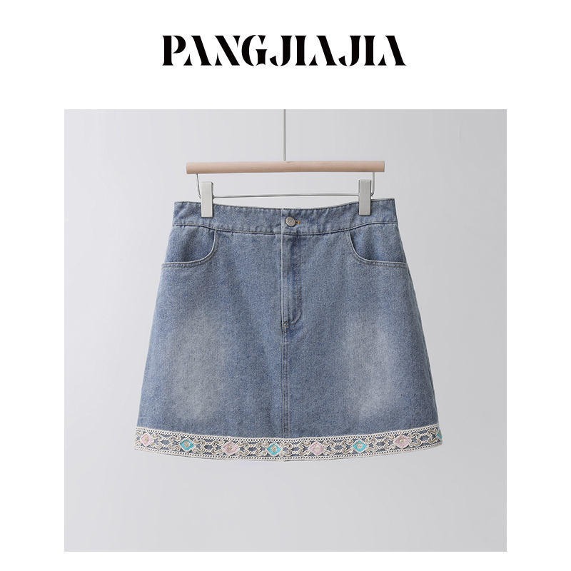 【胖佳佳】天空之城 牛仔半身裙时尚百搭织带拼接a字短裙H624Z07096