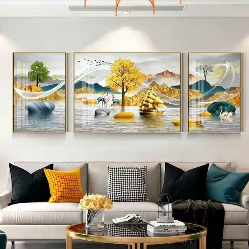 Z236山水聚财现代简约客厅装饰画轻奢挂画三联画沙发背景墙画