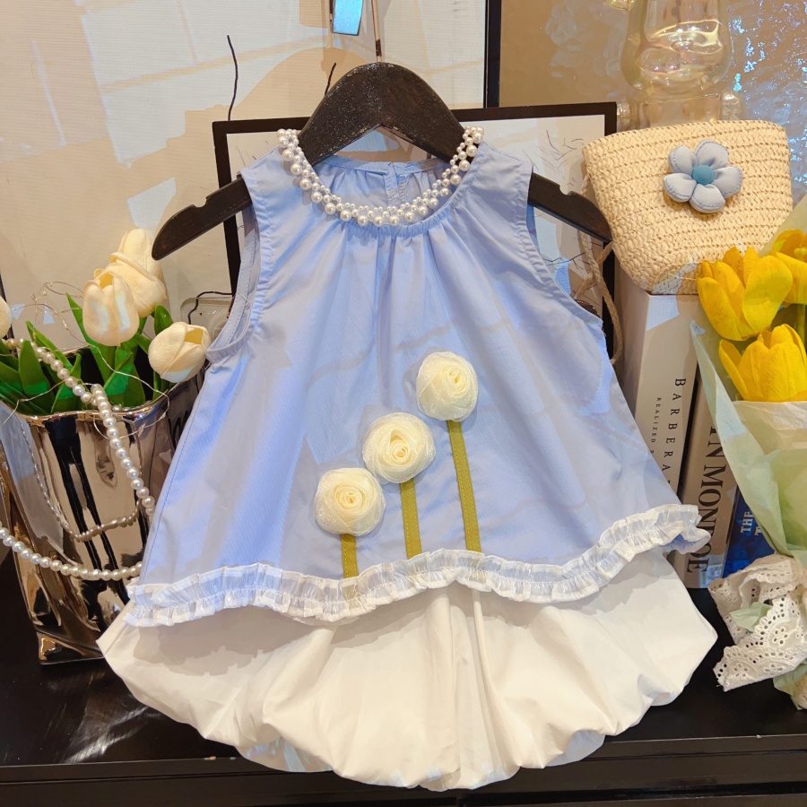 HHkids2025新款韩版花边娃娃衫女童立体花朵无袖短裤套装DTZ252