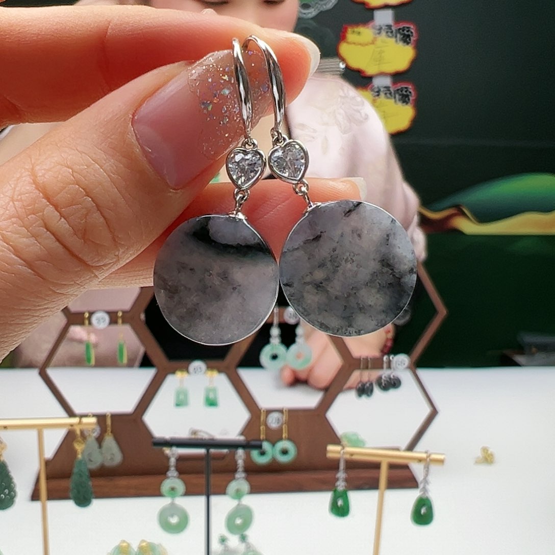 翡翠耳饰银S925镶嵌天然翡翠耳饰银s925镶嵌