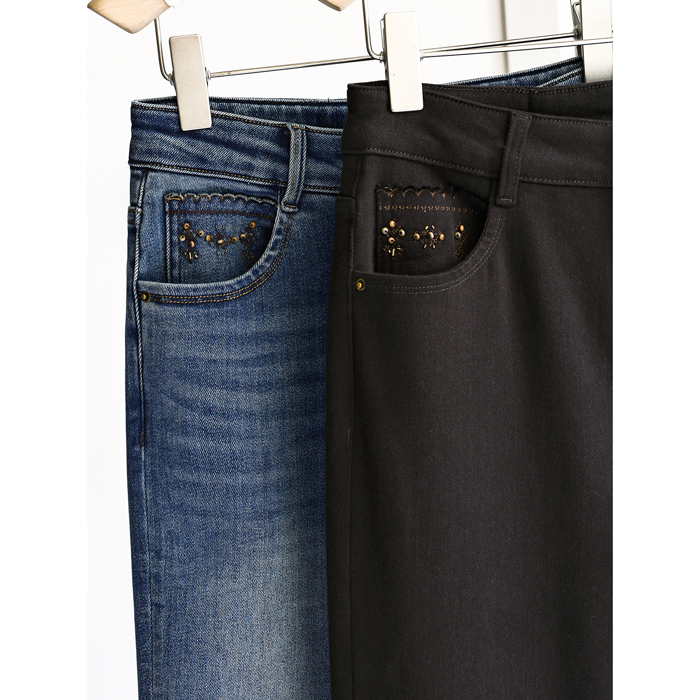 速抢爆款冬季暖绒钉珠刺绣高弹铅笔直筒牛仔裤女咖色小个子烟管裤