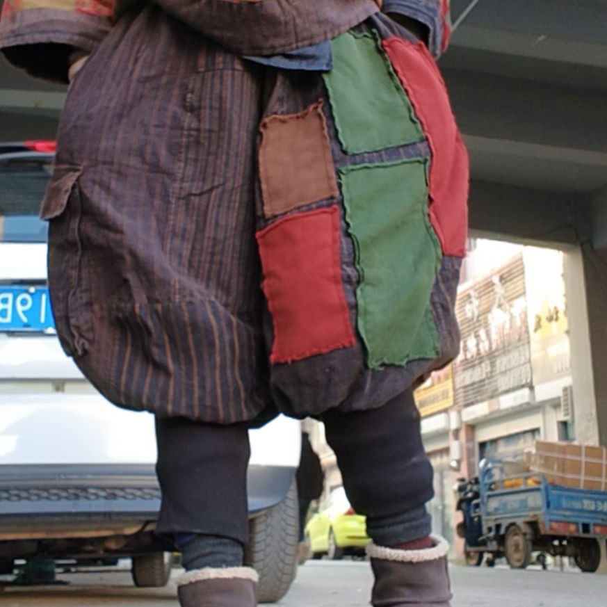 无吊牌做旧老布红绿补丁紧腿棉裤条纹色随机发介意勿拍