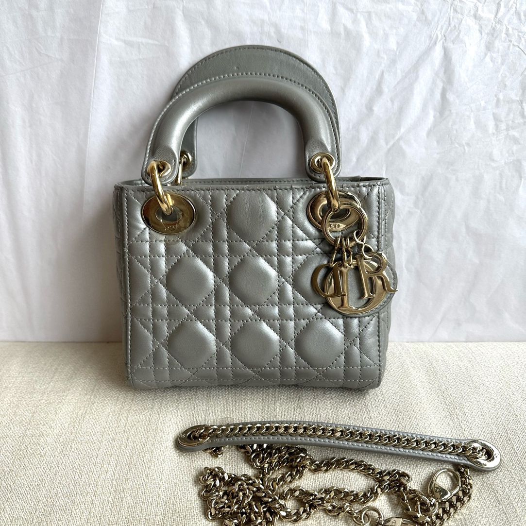 95新 DIOR/迪奥 95新-珠光灰绿色三格戴妃手提斜挎包