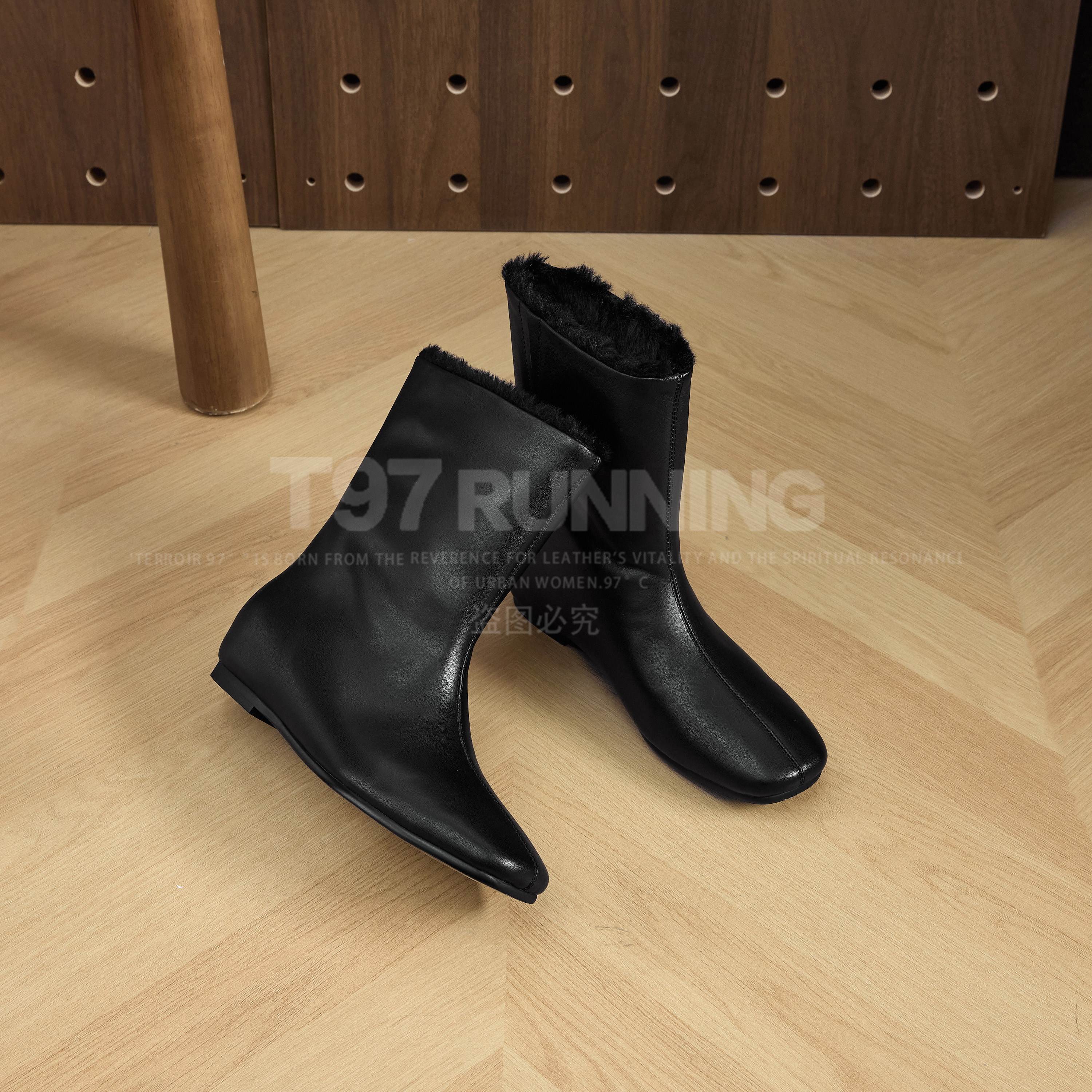 冬季保暖极简风瘦瘦靴百搭黑色真皮平底时装短靴G3212