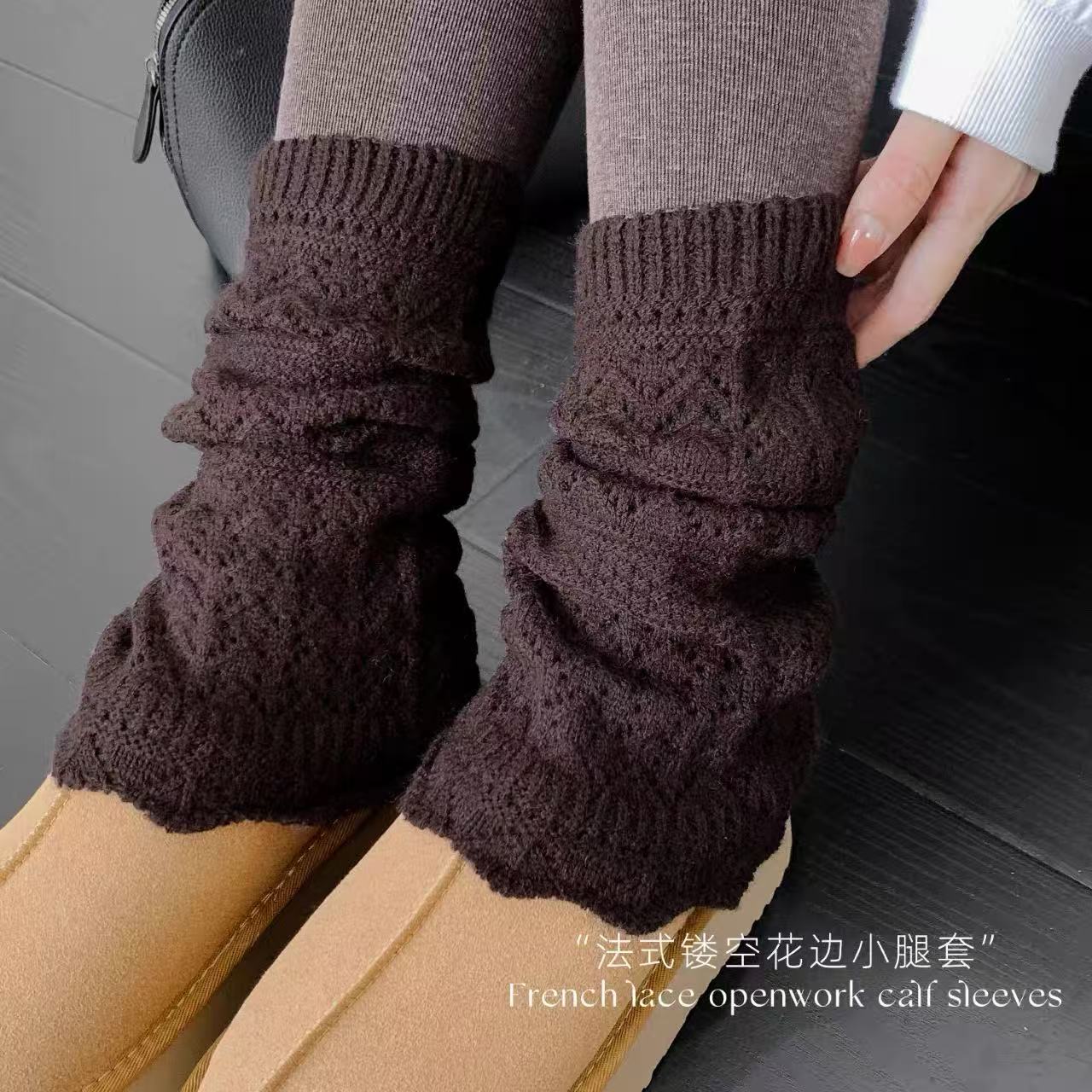 法式时尚钩花镂空花边精致显瘦加厚罗口堆堆腿袜女秋冬