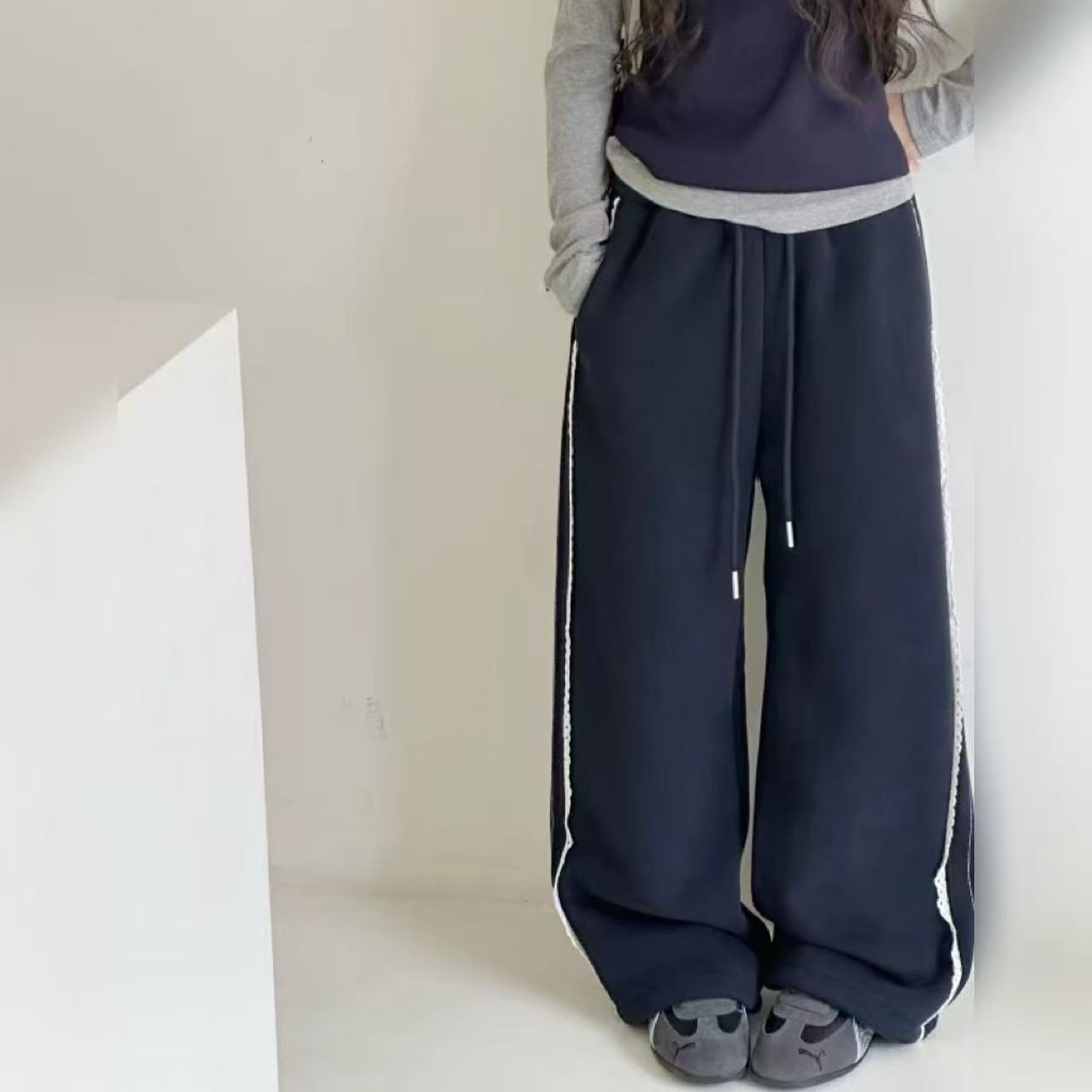 【2025秋冬韩款】加绒侧边花边拼接直筒儿童休闲裤W2366