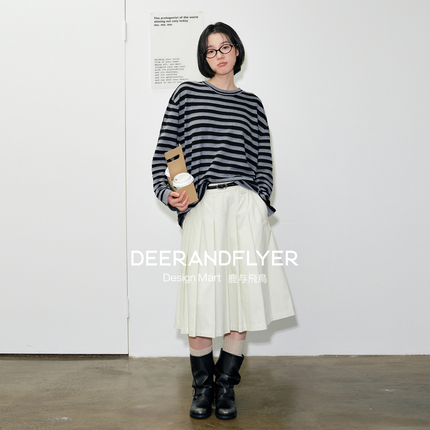 鹿与飞鸟“奥利奥薄脆”柔软绵羊毛混纺前后拼色条纹两色T恤7095