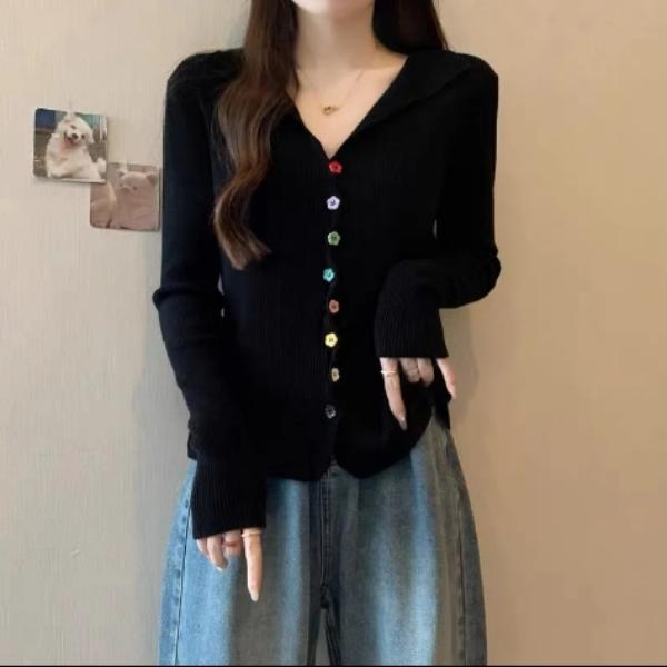 9219#韩系半开领彩虹扣长袖针织衫新款修身显瘦设计感内搭上衣