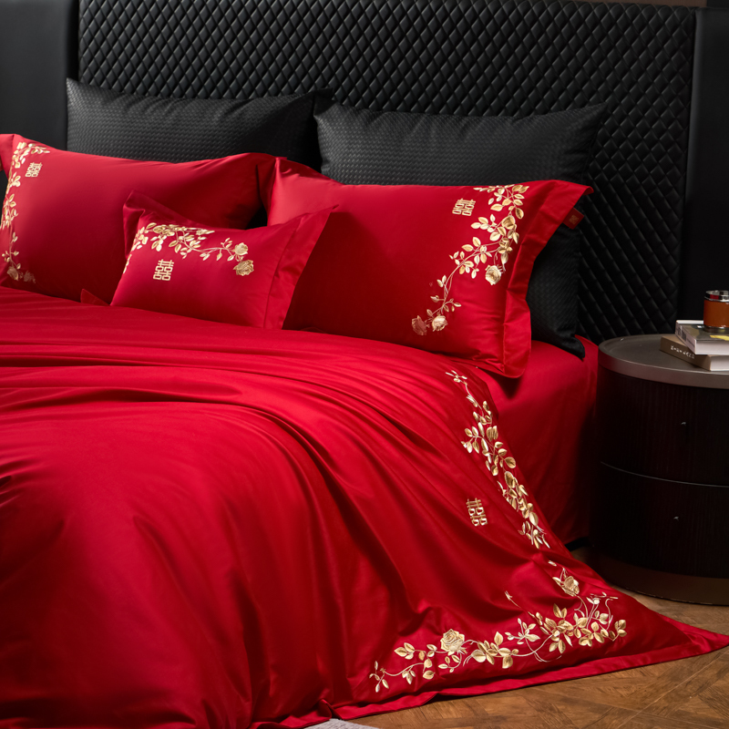 100S全棉高端刺绣红色四件套被套100%纯棉长绒棉结婚新婚备婚婚庆