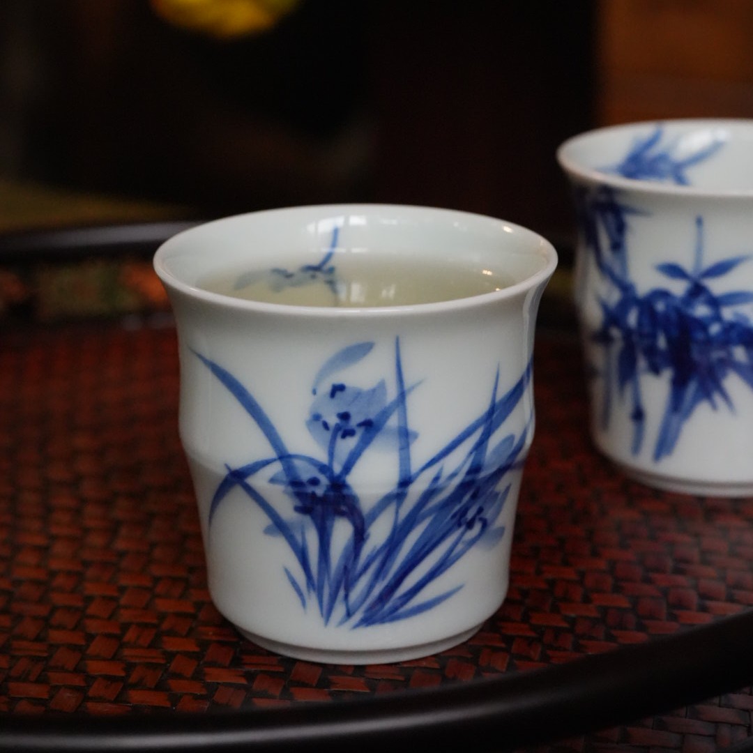【品遗敬仁】『竹节杯70c』厚力煊制青花写意花卉闻香杯 口径5.4高5.3