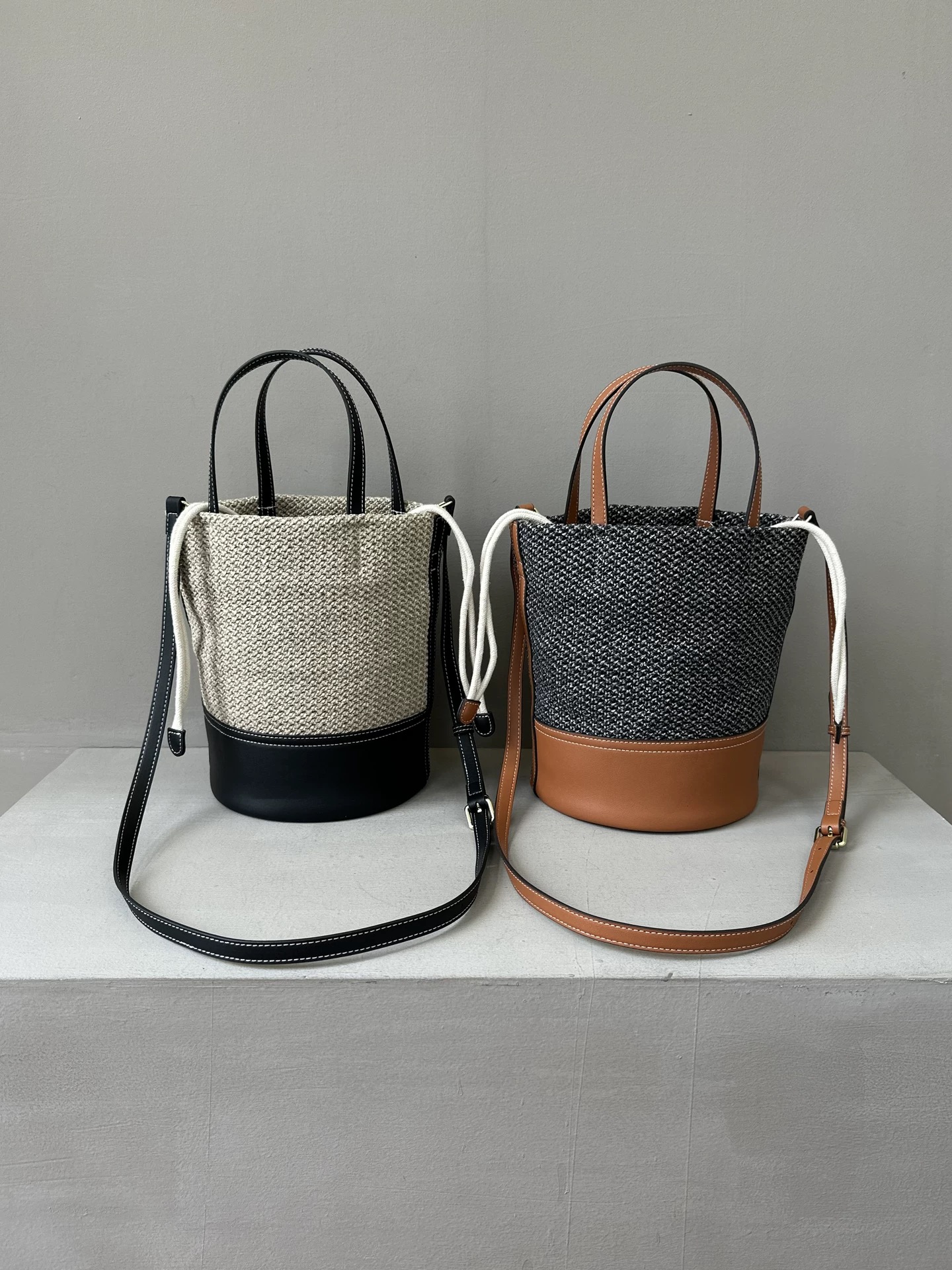 头层牛皮拼接草编包手工编织包真皮手提水桶包托特包单肩斜挎包女