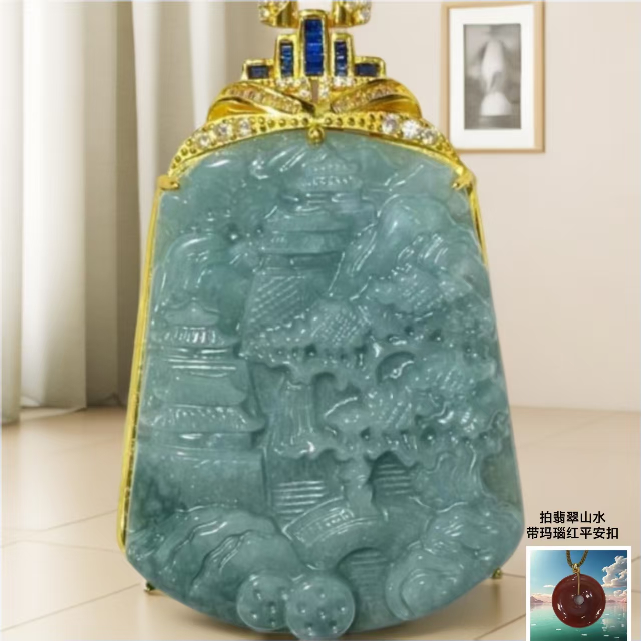 翡翠 山水牌  带红平安扣 带礼盒 CC 587