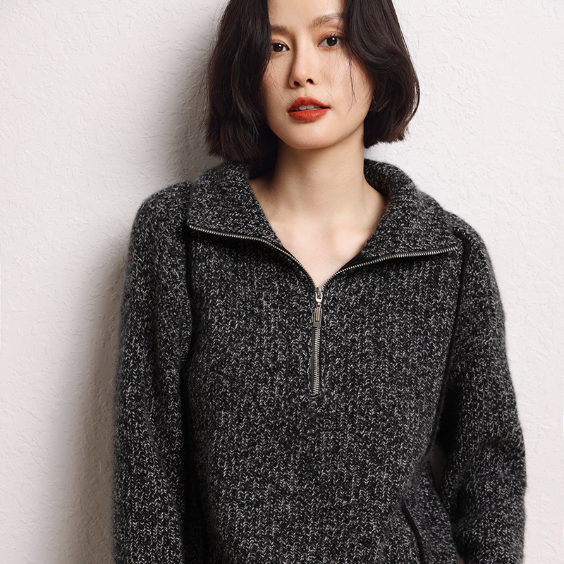 山羊绒秋冬新款短款翻领半拉链慵懒风加厚套头羊绒衫毛衣