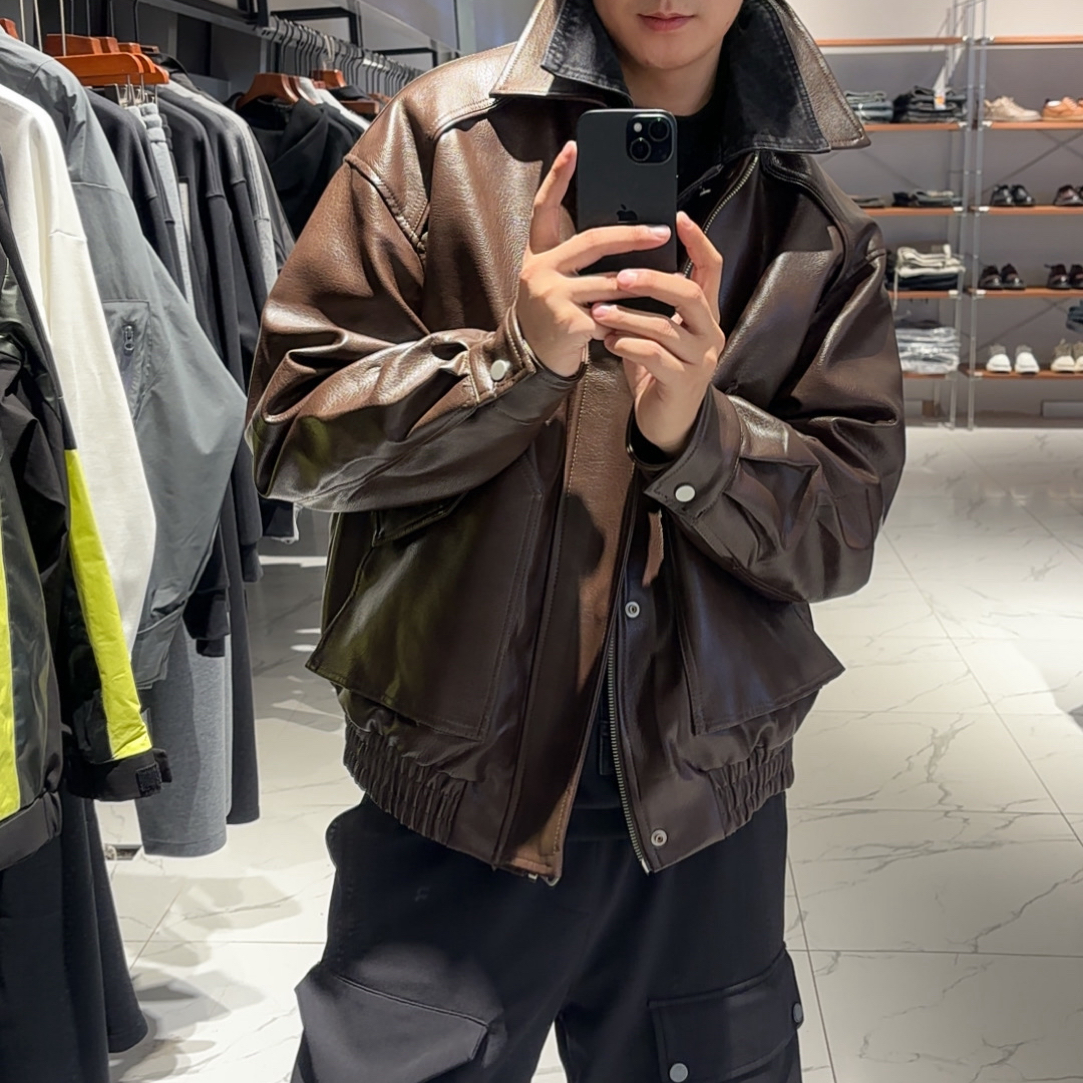 Mesoo冬季假两件加绒廓形皮衣夹克外套